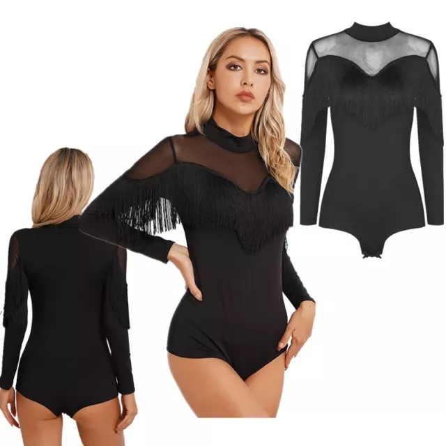 Womens Dancewear Fringed Bodysuit Contemporary Leotard Dancing Jumpsuit Tango 2