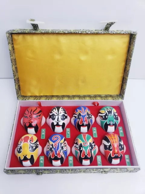 Set Of Eight Chinese Beijing Miniature Clay Face Opera Masks Gift Box Home Decor