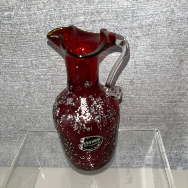 Vintage Kanawha Ruby Crackle Glass Applied Clear Handle Pitcher Vase 5”. Heavy