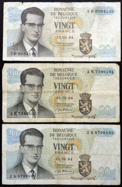 3pcs BELGIUM 1964 20 Francs P-138 Banknote Lot
