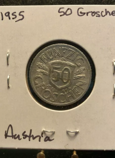 FREE SHIPPING Austrian 50 Groschen Coin, 1955  Österreich Fifty Fünfzig Austria