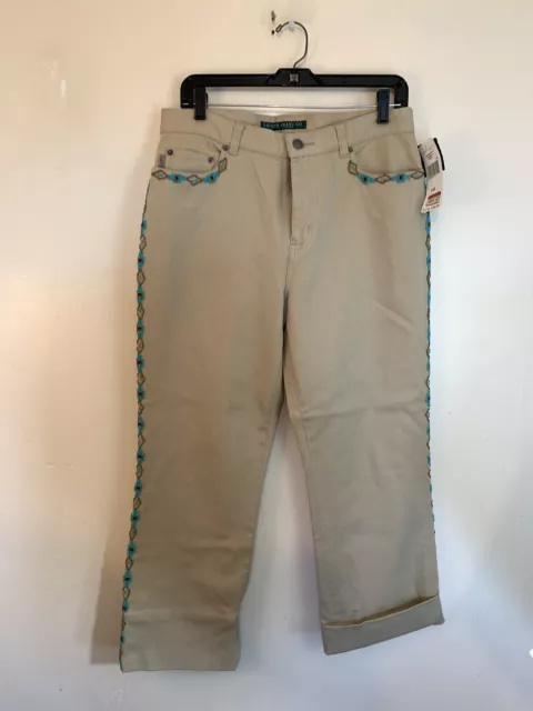 Lauren Jeans Co Ralph Lauren Womens Tan Denim  Beaded Western Capris Size 10 NWT