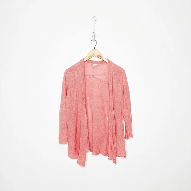 EILEEN FISHER Linen Open work knit Cardigan Sweater Coral boxy womens L large