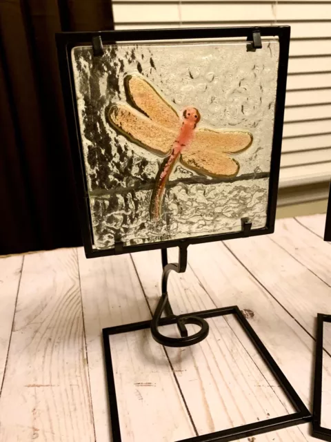 Beautiful Black Metal DRAGONFLY Stain glass Pillar Candle Holder Set 3