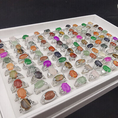100Pcs Wholesale Lot Mixed Ring Natural Stone Rings Women Gemstone Jewelry Bulk