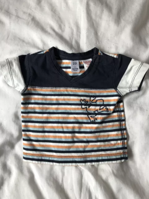 Baby Boys GAP T-Shirt Stripy With Embroidered Frog Age 0-3 Months Popper Fasten