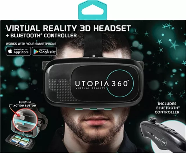 ReTrak - Utopia 360° Virtual Reality Headset with Bluetooth Controller-Black NIB