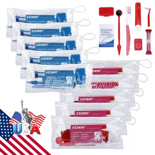 10 Kits Dental Ortho Oral Care Tooth Brush Ties Interdental Brush Floss Blue&Red