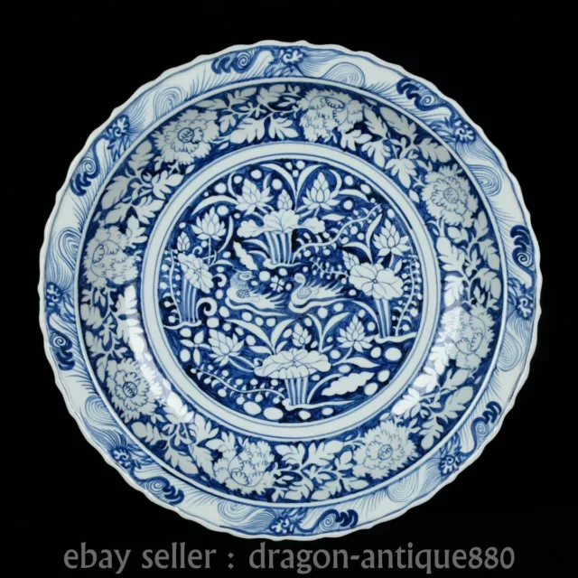 18" Old China Yuan Dynasty Blue White Porcelain Lotus Pond Mandarin Ducks Plate
