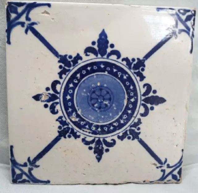 Antique English Pottery Floor Tile Geometric Pattern Blue 3/4" thick Used