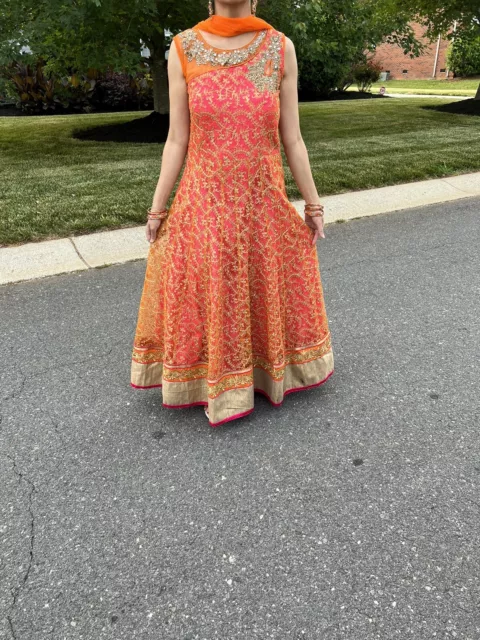 Indian Orange, Pink and Gold Gown with Pants and Chuni - Small