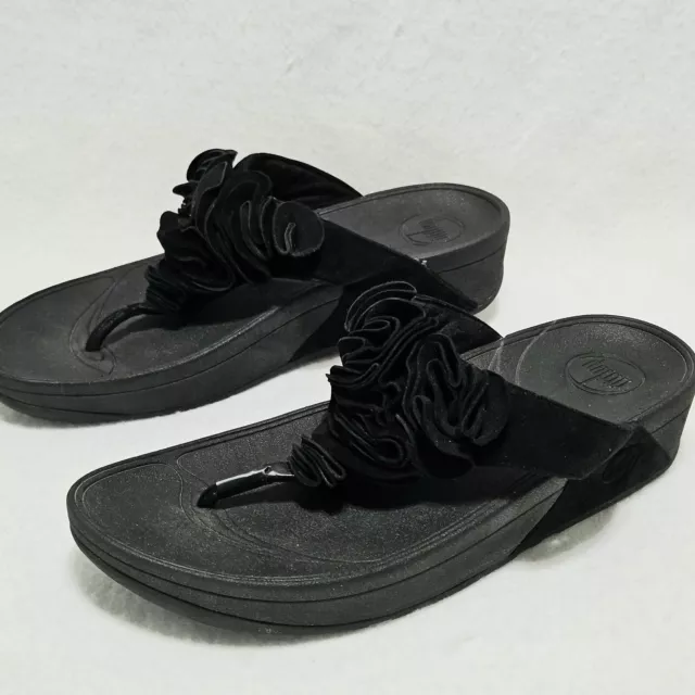 FitFlop Sz 10 Frou Ruffle Comfort Thong Sandals Flip Flops Shoes Black 137-001