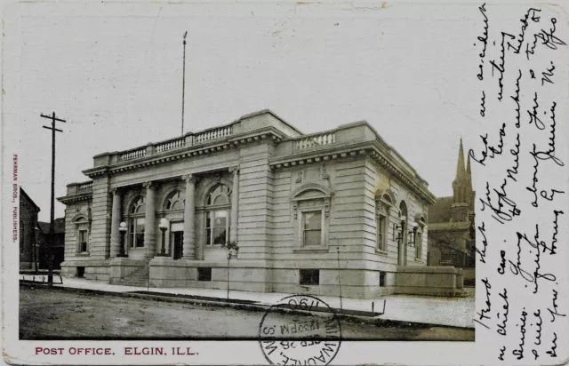 Vtg Postcard, Post Office, Elgin, Ill, Fehrman Bros, 1903, Used