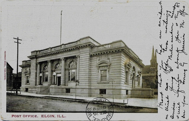 Vtg Postcard, Post Office, Elgin, Ill, Fehrman Bros, 1903, Used