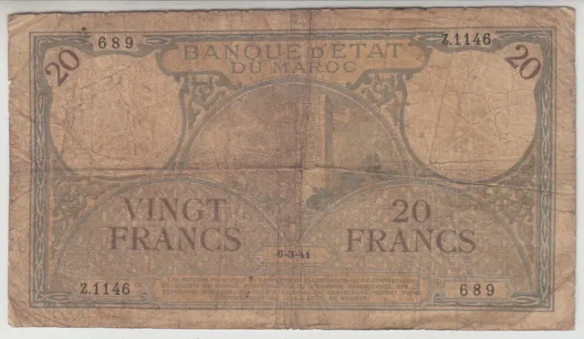 Morocco Banknote 20 Francs 1941