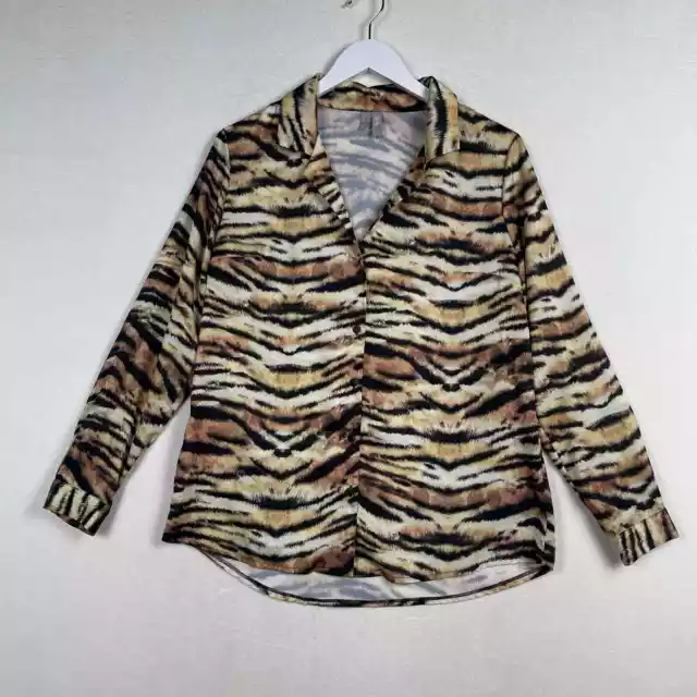 ASOS DESIGN Silky Long Sleeve Button Front Shirt Tiger Animal Print SZ 6 Medium