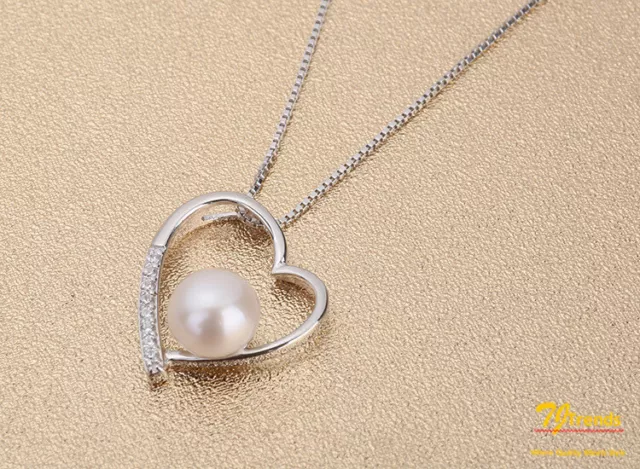 925 Solid Sterling Silver Freshwater Pearl Love Heart Necklace Valentine's Day