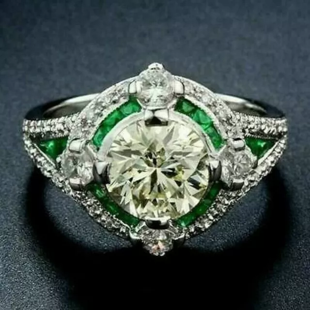 Vintage Art Deco Style  Simulated Diamond &Emerald Engagement Ring In 925 Silver
