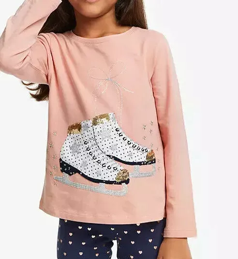 Girls Sequin Ice Skater T-Shirt Pink Long Sleeve Top Age 3-10 New Ex John Lewis