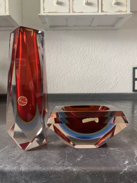 2er Set Murano Seguso Blockvase + Aschenbecher Sommerso Facettenschliff