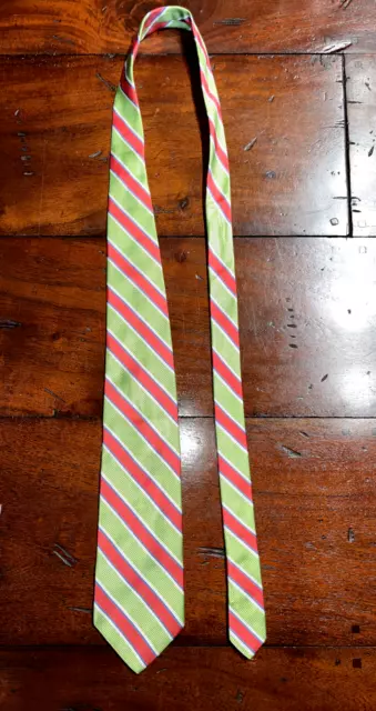 Brooks Brothers Makers Bright Green Salmon Red Striped Tie All Silk PREPPY Frat