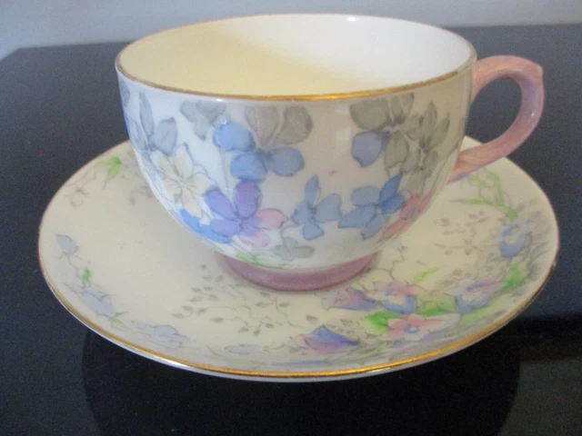 Vintage Crown Staffordshire Tea Cup & Saucer Hand Painted Pink & Blue Flowers
