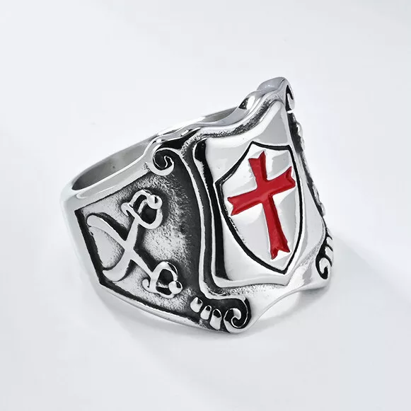 Crusader Knight Templar Cross Shield Ring Stainless Steel Retro Biker Punk Ring