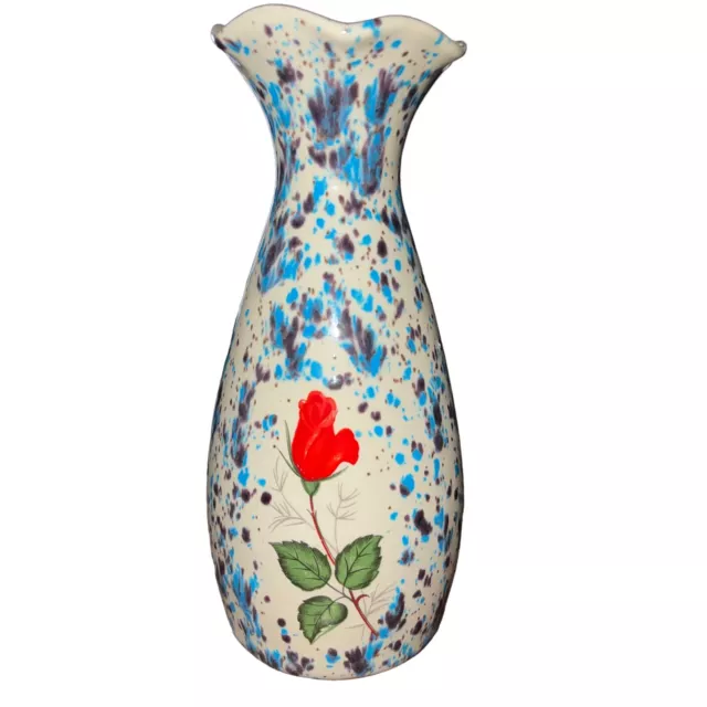 Vintage Art Pottery Vase Blue Speckle Glaze Hand Painted Rose 6.5” Tall Signed