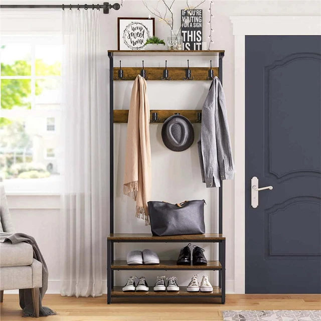 72.5" Industrial Entryway Hall Tree with Bench and Shoe Storage Rustic Brown
