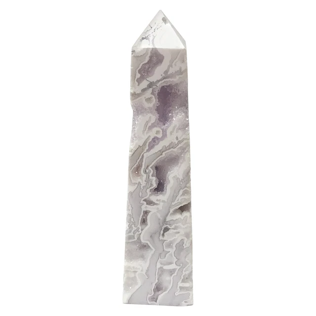 Polished White Plume Agate Crystal Wand Self Standing Obelisk Tower 9 Oz