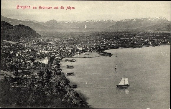 Ak Bregenz am Bodensee Vorarlberg, Panorama vom Ort mit Alpen und See - 3857271