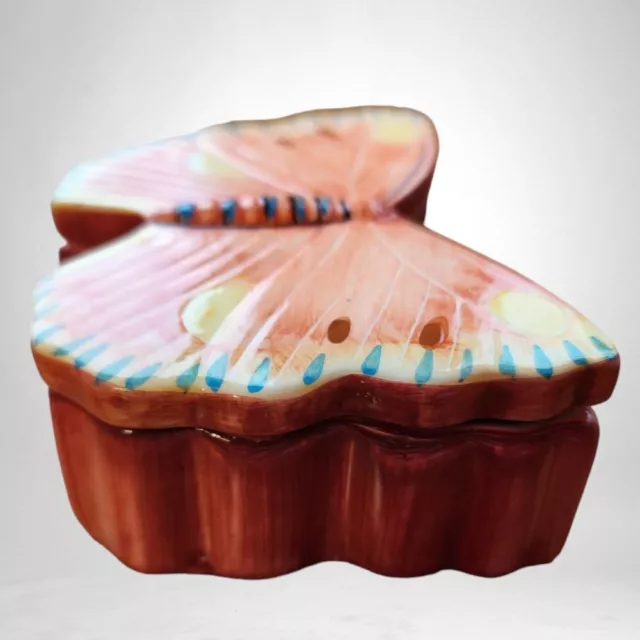 Ceramic Butterfly Jewelry Dish 4x3x1.5in Trinkets Pink Multi Color Covered Lid