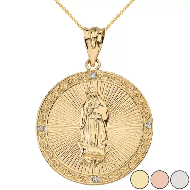 Solid Gold Diamond Our Lady of Guadalupe Circle Medallion Large Pendant Necklace