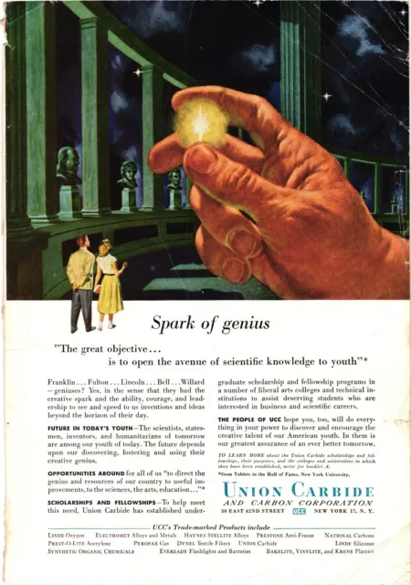 1954 Union Carbide SPARK OF GENIUS Product Print Ad Vintage