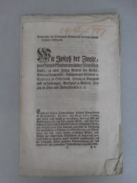 Joseph II. Patent Dienstbotenordnung Flugblatt Reichsverfassung Österreich 1787