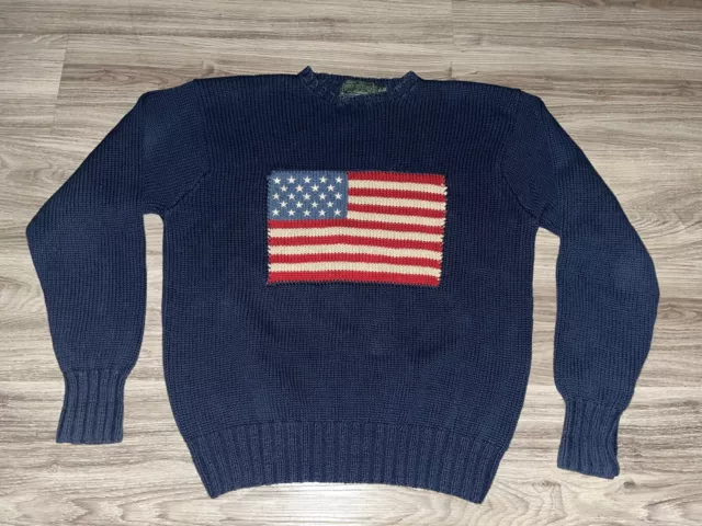 Polo Ralph Lauren Country Flag Sweater Medium Blue Red Hand Knit Wool Vintage