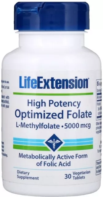 Life Extension High Potency Optimized Folate, 5000mcg 30 Vegetarian Tablets
