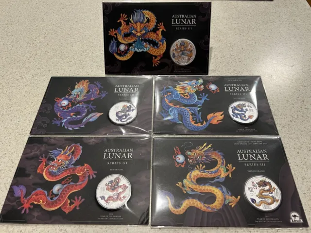 Perth Mint  Lunar Series III 2024 Year of the Dragon  – 1oz 5 Silver coins (set)