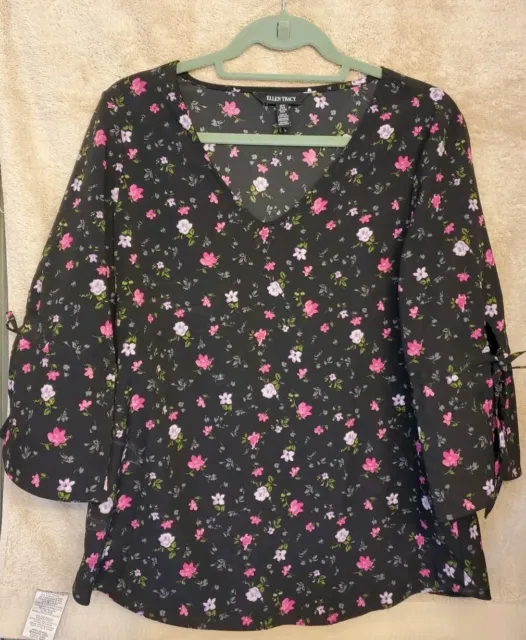Ellen Tracy Blouse Top Size M Pullover Bell Tie 3/4 Sleeve Multicolor Floral