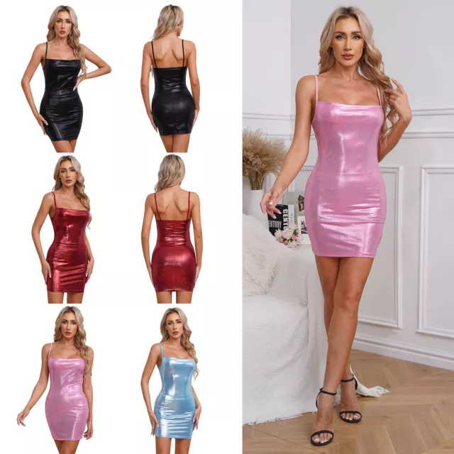 Womens Hip Wrap Dress Spaghetti Straps Dresses Glossy Lingerie Metallic Shiny