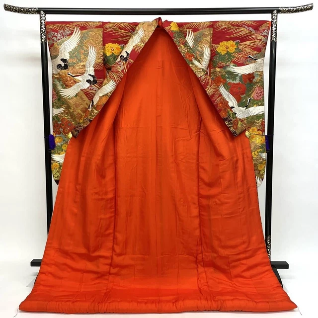 Japanese Kimono Uchikake Luxurious Wedding Embroidery Pure Silk Crane Red K456 3