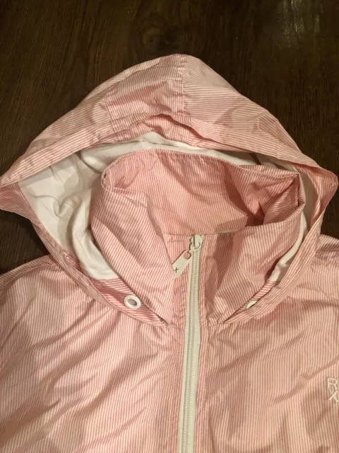 Roxy Surf Quiksilver Red Pink White Stripe Rain Mac Jacket Size L 14 Vgc Rare 3