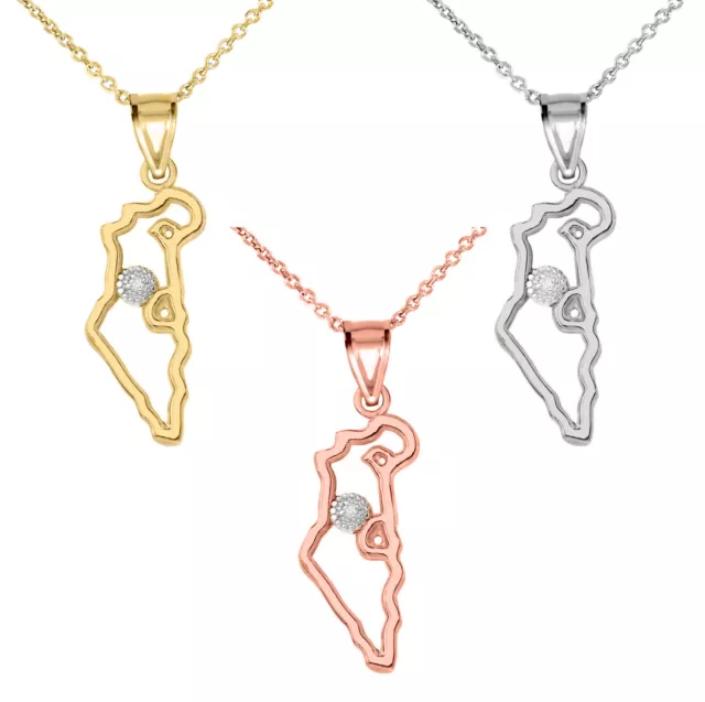 Solid Gold Diamond Israel Map Outline Openwork  Pendant Necklace