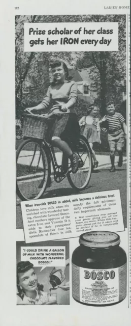 1944 Bosco Chocolate Flavor Milk Amplifier Girl Bicycle Basket Print Ad LHJ1