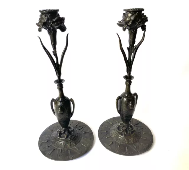 Ancienne Paire De Bougeoir En Bronze Fleurs Art Nouveau Erotique Curiosa Erotica
