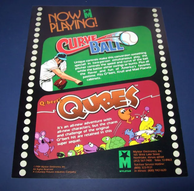 Q*bert's Cubes + Curve Ball Original NOS Video Arcade Game Flyer Q Bert Vintage