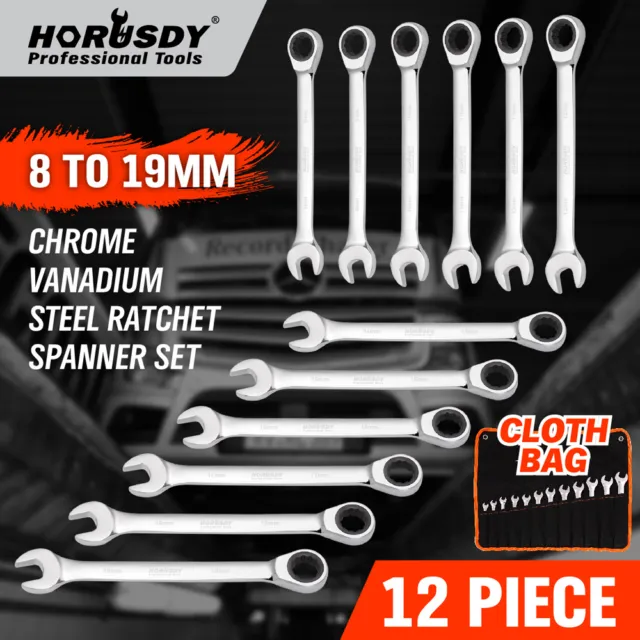 12Pc Ratchet Spanner Set Metric Open & Ring Wrenches 8-19mm CR-V + Rolling Bag