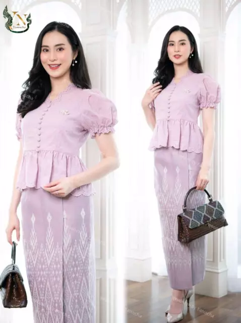 Thai Dress Traditional Sarong Women Skirt Style Blouse Set Fabric
