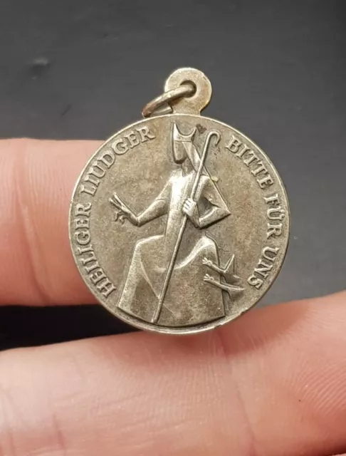 Vintage White Metal German Religious Medal Pendant Fob of Saint Ludger, Ludgerus