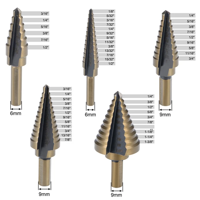 Titanium Step Drill Bits Set 1/4-3/4 1/4-1-3/8 1/8-1/2 3/16-1/2 1/16-7/8" 5pcs 2